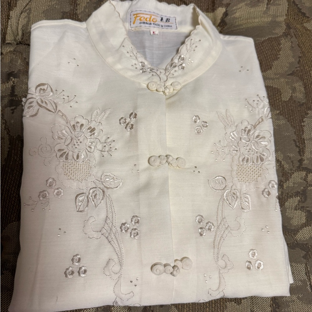 Cream Boxy Button Down Blouse with Mandarin Collar